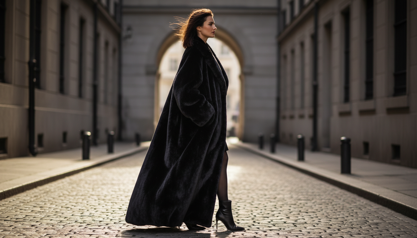 Модель в очень длинном черном плюшевом пальто, стоящая боком, демонстрируя объем и длину.