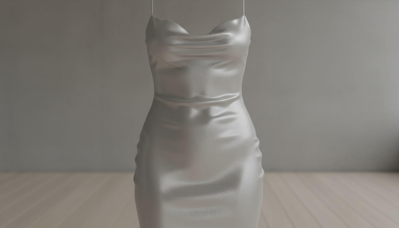 Крупный план платья-комбинации из жидкого серебряного шелка, подчеркивающего фигуру.