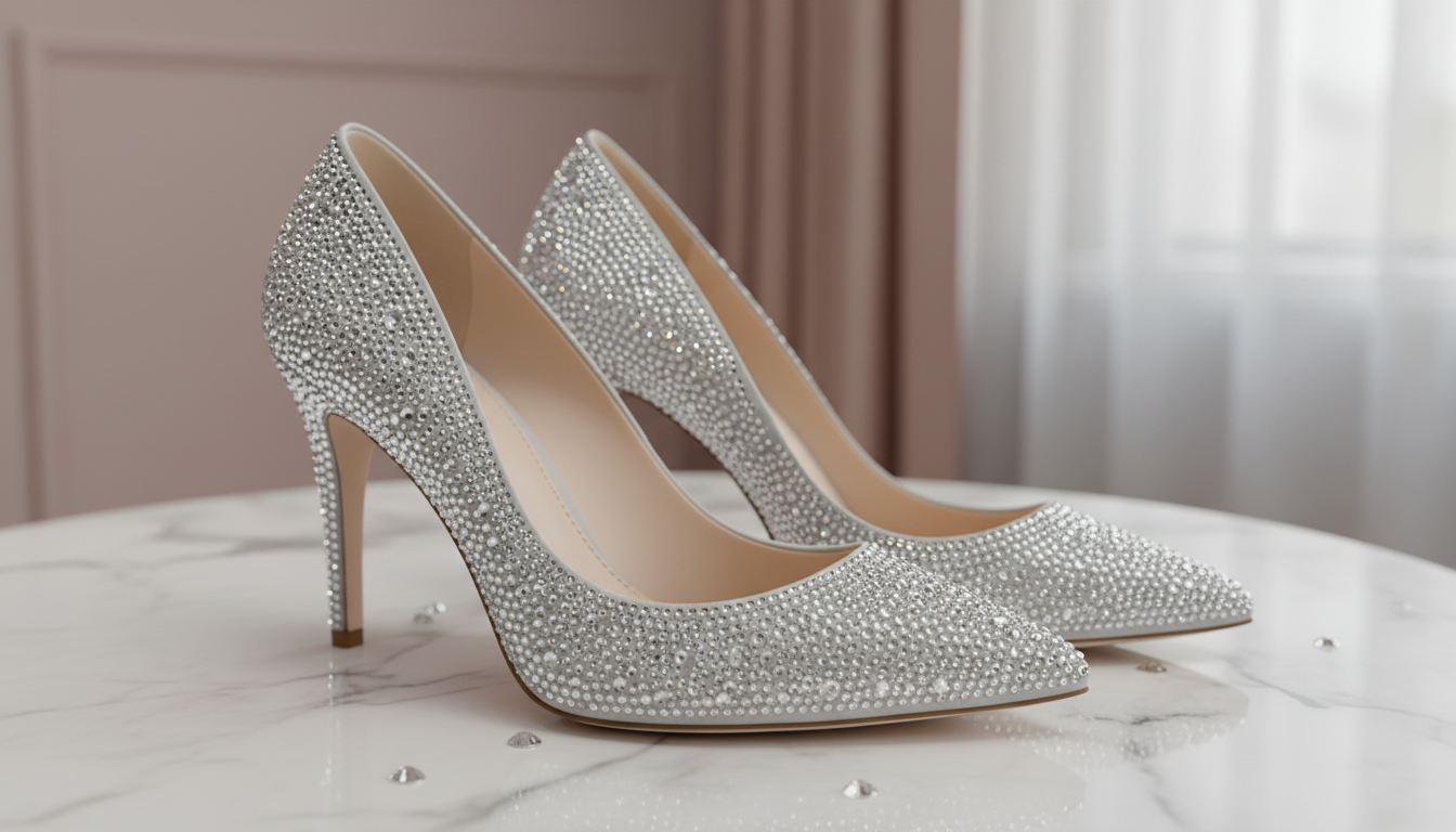 Крупный план туфель-лодочек с острым носом, полностью покрытых мелкими серебряными стразами.