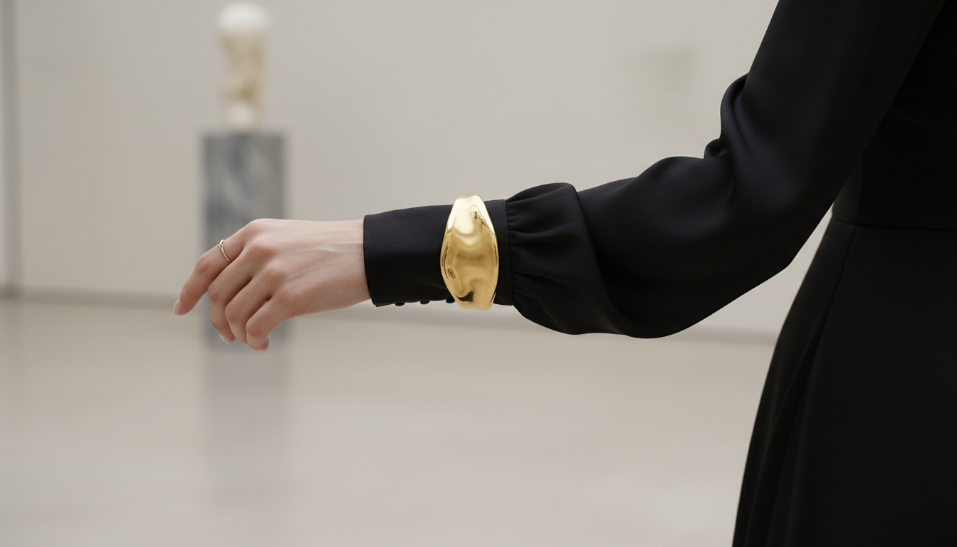 Деталь: рукав черного платья с крупным золотым браслетом-манжетой.