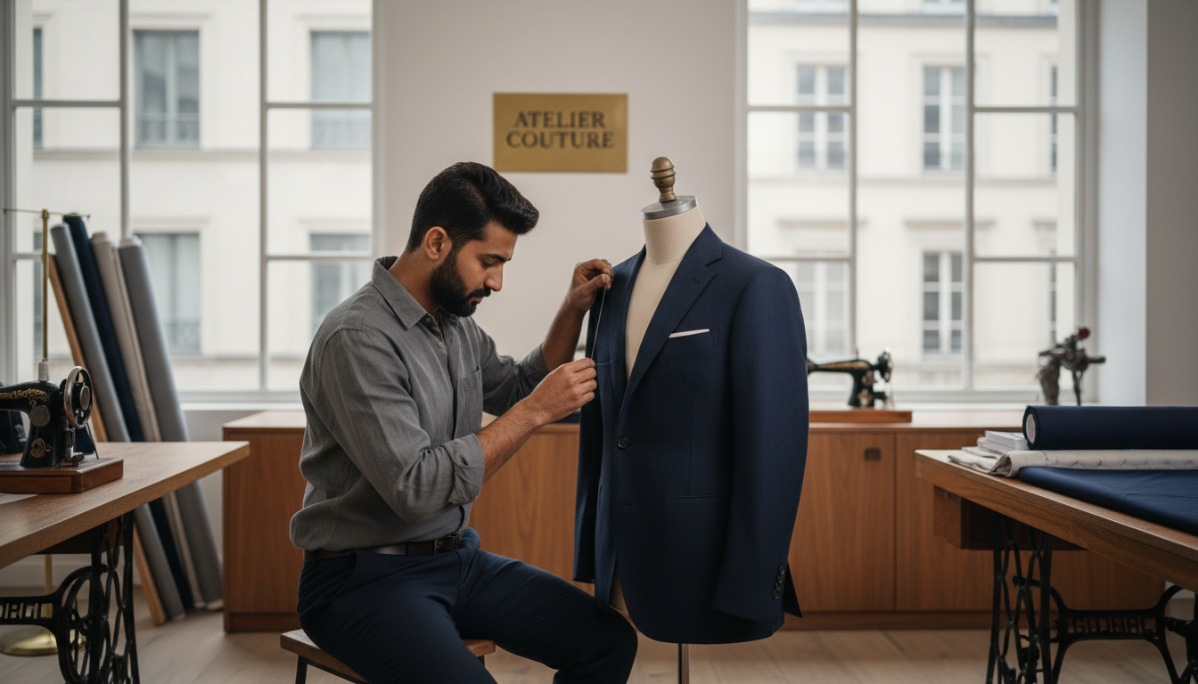 Портной работает над подгонкой кастомного костюма в ателье, демонстрируя ручной шов на лацкане.