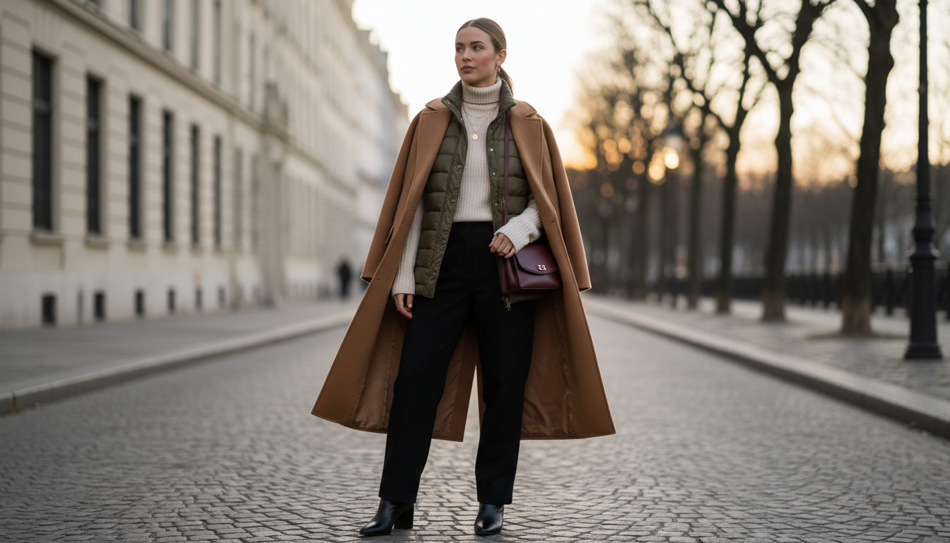 Стилизованный образ: под расстегнутым оверсайз пальто виден стеганый жилет и водолазка.