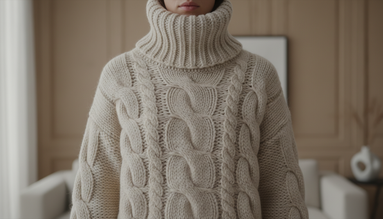Крупный план свитера Loewe с гипертрофированными косами и объемным воротом.