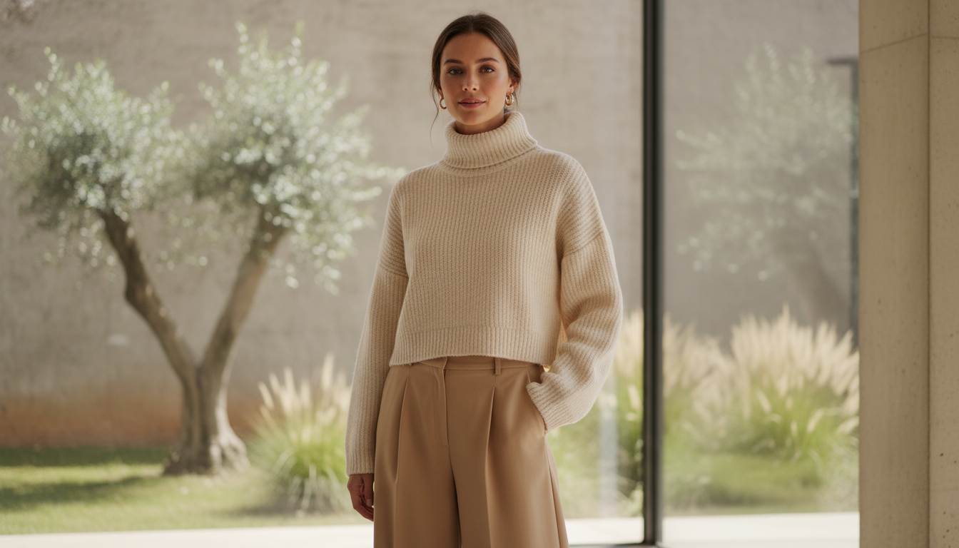 Девушка в укороченном свитере крупной вязки с высоким горлом и широких брюках-палаццо песочного цвета.