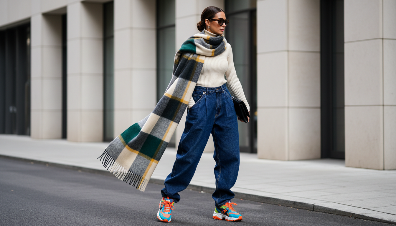 Контрастный образ: джинсы-лужи с заломами, яркие массивные кроссовки и длинный шарф-плед.