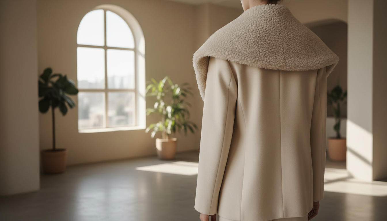 Модный жакет с воротником из био-шерпы кремового цвета, демонстрирующий мягкую текстуру.