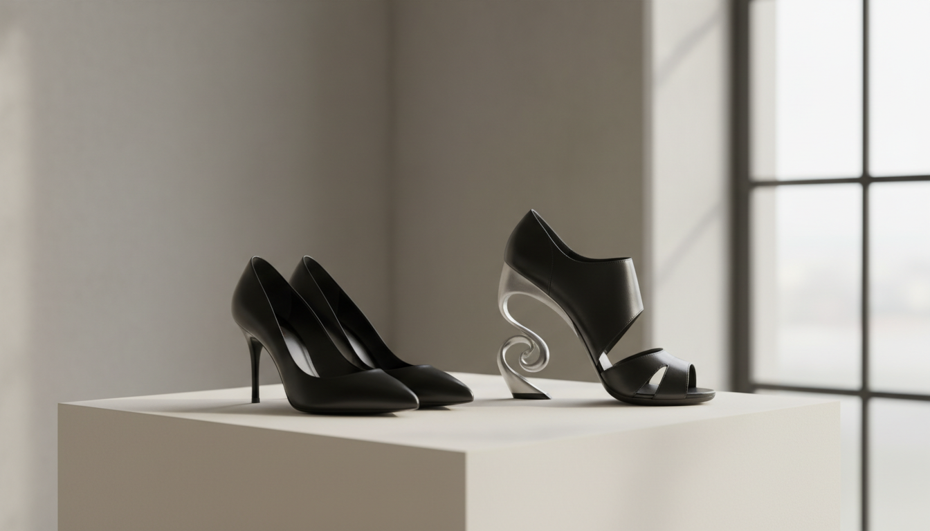 Сравнение: классические черные лодочки рядом с туфлями на скульптурном каблуке, демонстрирующее радикальный сдвиг в модной эстетике.
