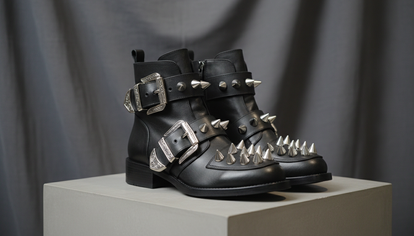 Детальный снимок туфель с гипертрофированными металлическими пряжками и шипами, иллюстрирующий тренд «новой готики» 2026 года.
