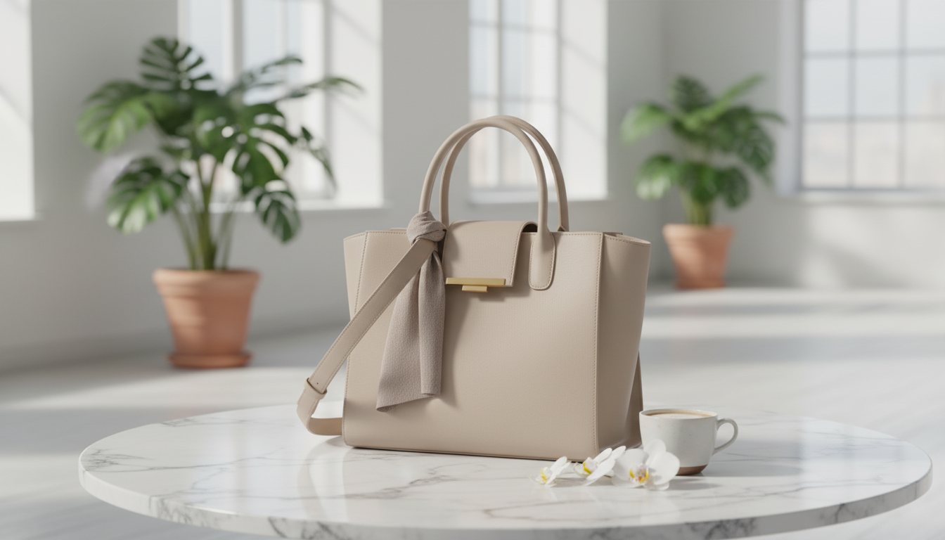Снимок стильной минималистичной сумки-тоут в нейтральном цвете, лежащей на мраморном столе