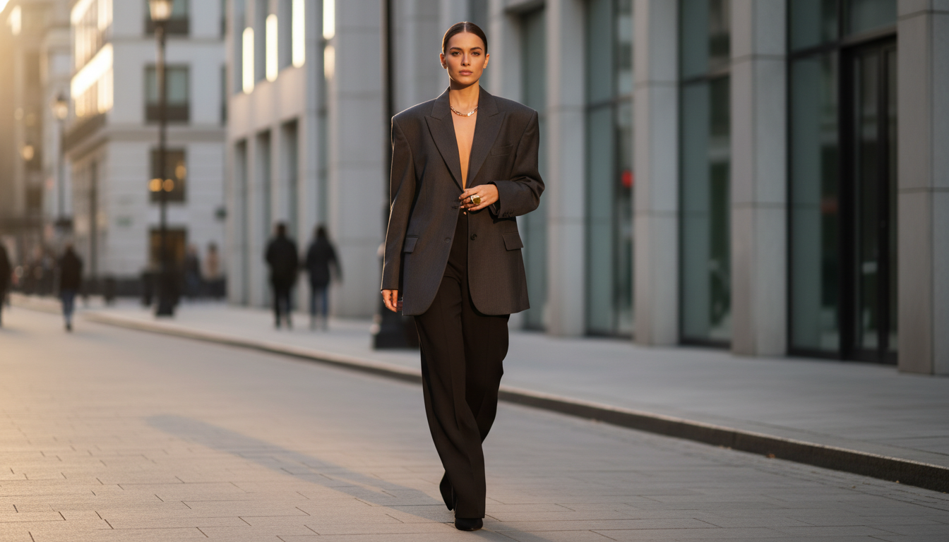 Финальный образ: Женщина в силовом жакете уверенно шагает, демонстрируя силу и элегантность.