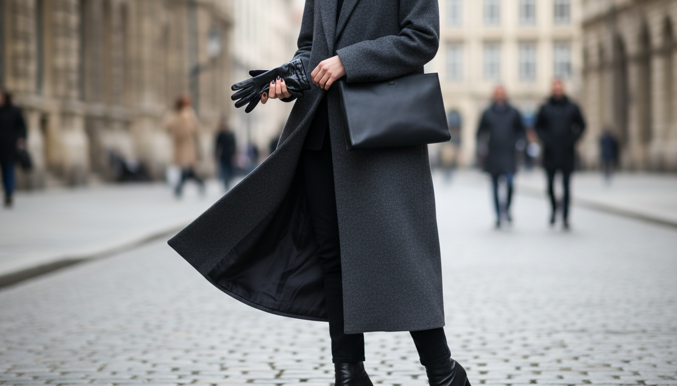 Девушка в длинном сером шерстяном пальто, в руке у нее черные лаковые перчатки и матовый кожаный клатч.