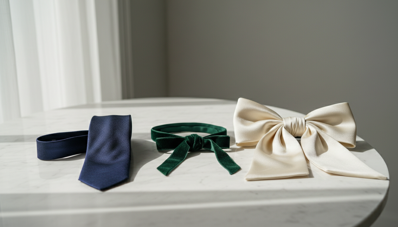 Сравнение трех видов шейных аксессуаров: классический галстук, тонкая бархатная лента и объемный шелковый бант.