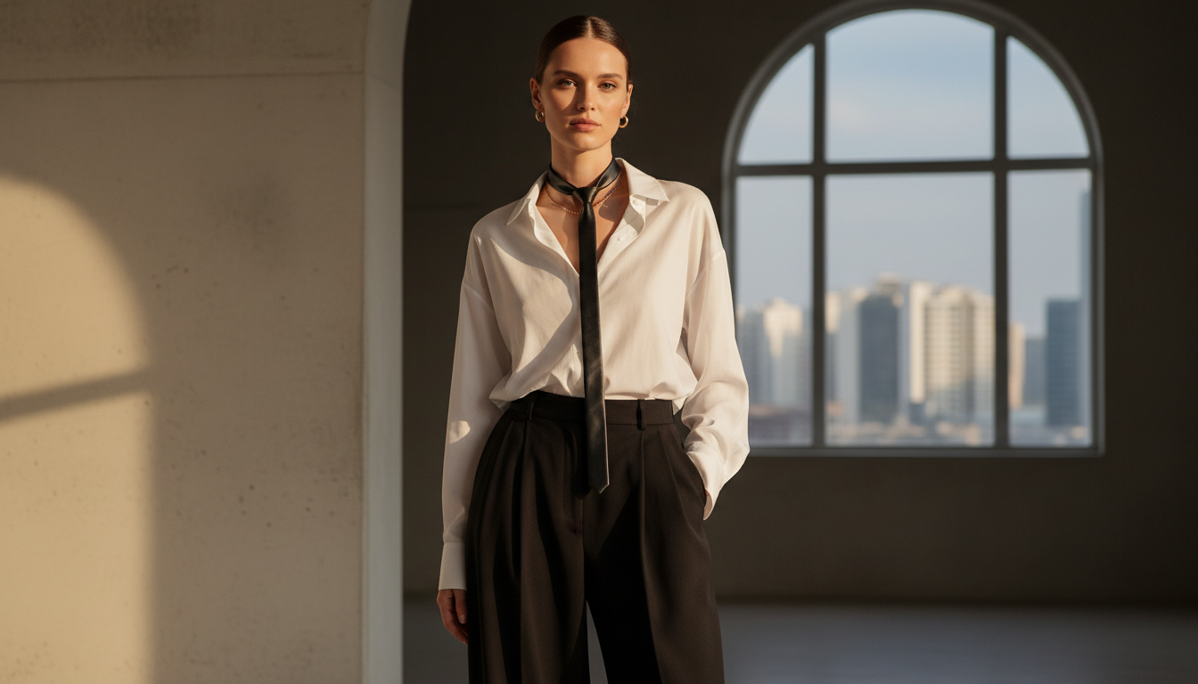 Женщина в кожаном скинни-галстуке, надетом поверх свободной белой рубашки и широких брюк.