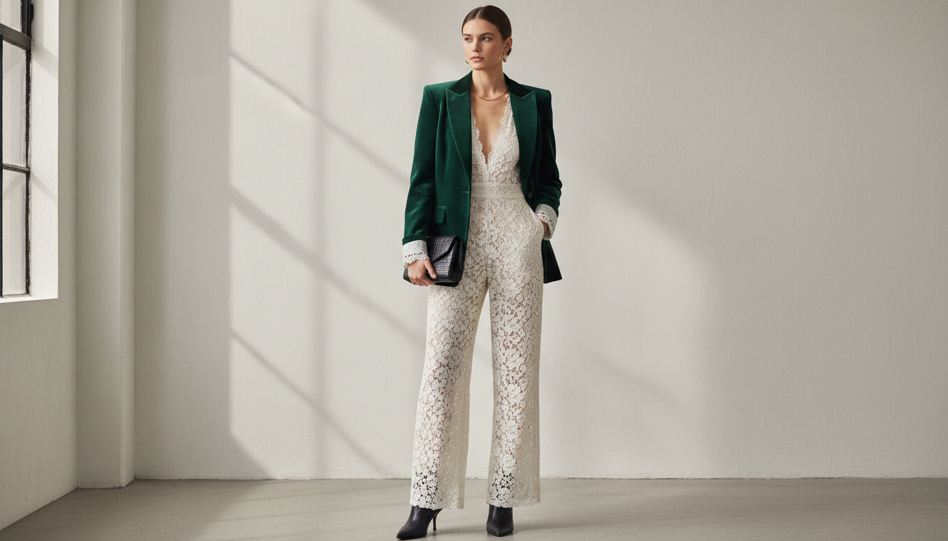 Лукбук: Кружевной комбинезон в сочетании со строгим бархатным жакетом.