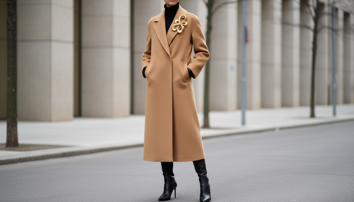 Модель в кашемировом пальто цвета camel с крупной абстрактной брошью из матового золота на лацкане.