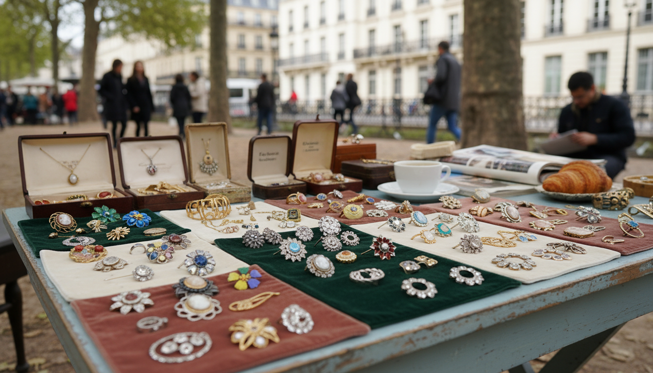 Стол с винтажными брошами и украшениями, выставленными на продажу на блошином рынке в Париже.