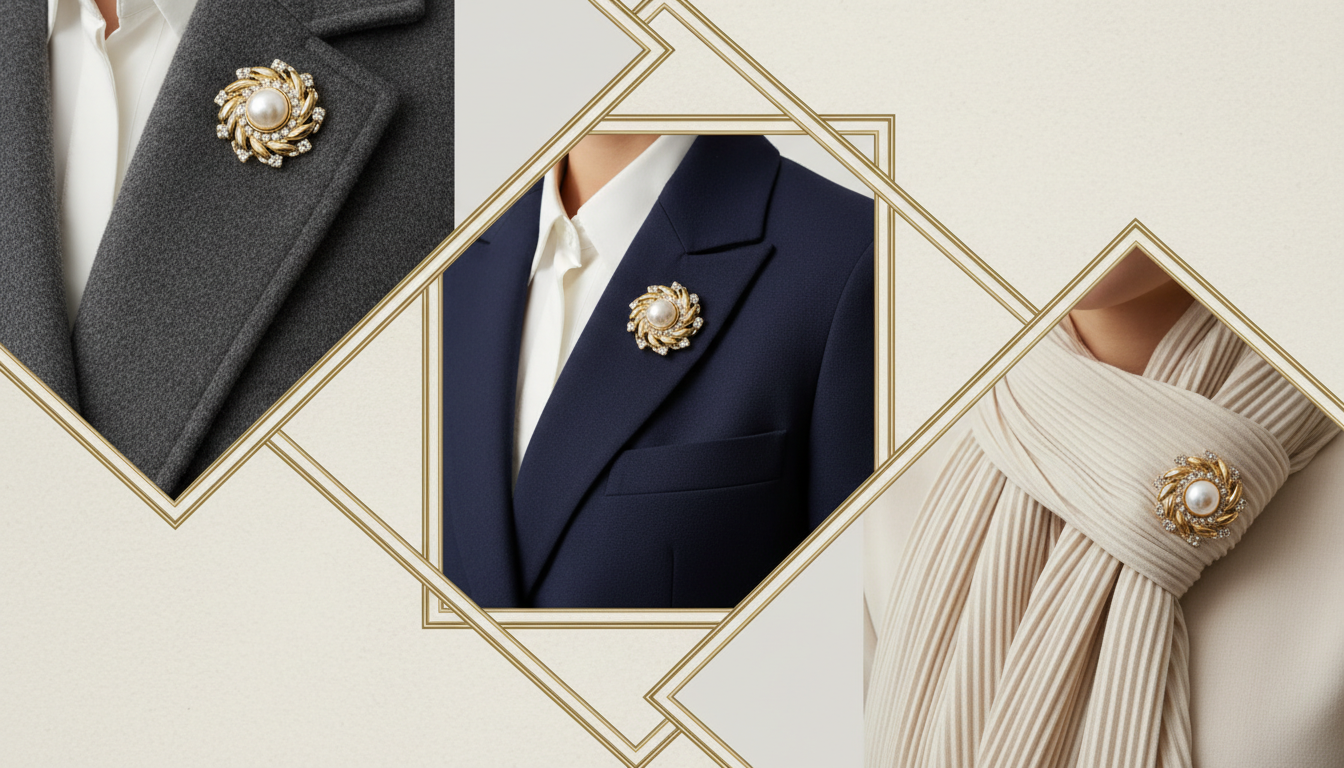 Стилизованный коллаж, показывающий различные способы ношения крупной броши на разных типах верхней одежды (пальто, жакет, шарф).