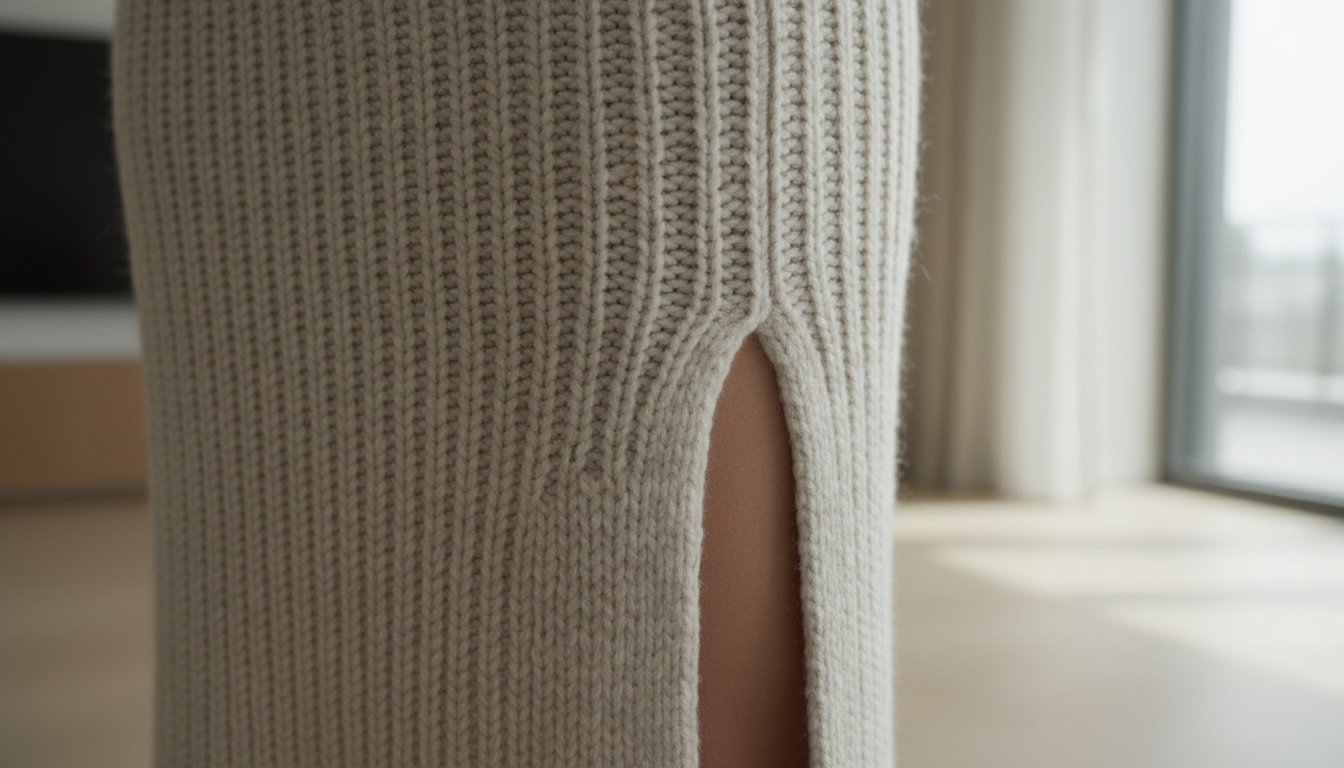 Детальный снимок текстуры плотной трикотажной юбки-колонны с высоким разрезом сзади.