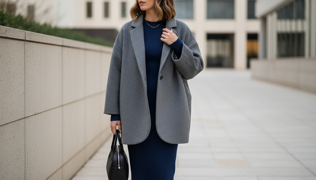 Модель в обтягивающем трикотажном платье глубокого синего цвета и сером пальто-кокон, демонстрирующая идеальный баланс объемов.