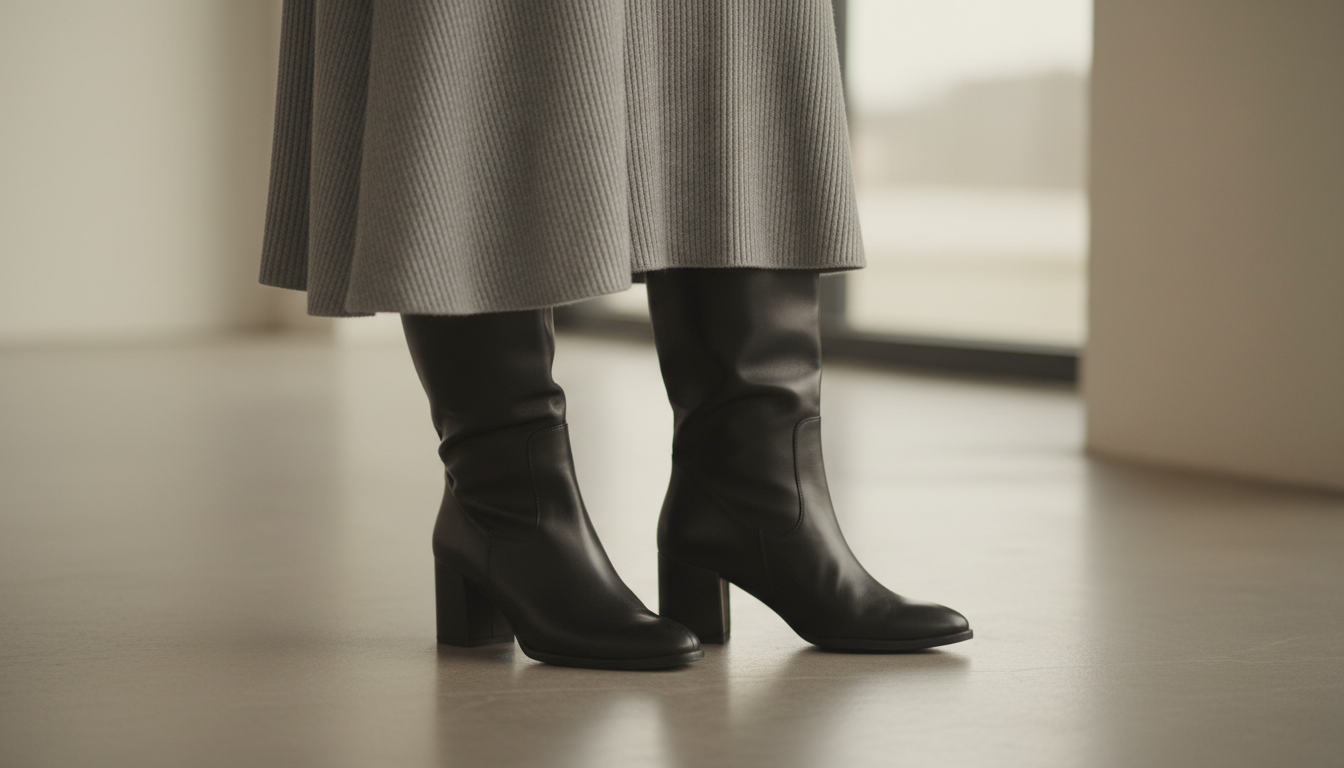 Крупный план высоких сапог из плотной черной кожи, голенище которых скрывается под подолом серой трикотажной юбки.