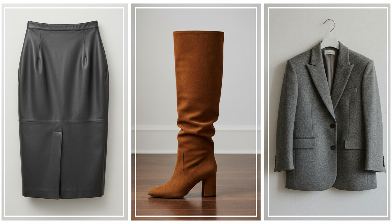 Коллаж из трех элементов: юбка-колонна из эко-кожи, высокий сапог с широким голенищем и серый оверсайз блейзер.