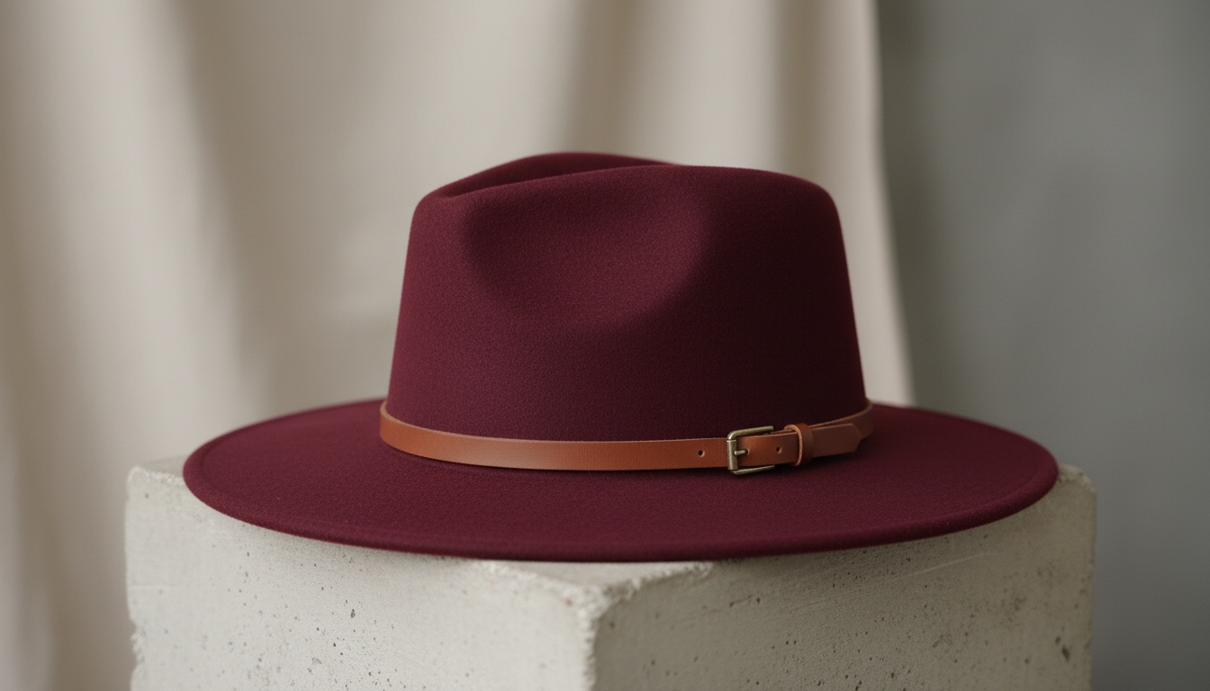 Крупный план структурированной фетровой федоры глубокого винного цвета с тонкой кожаной лентой.