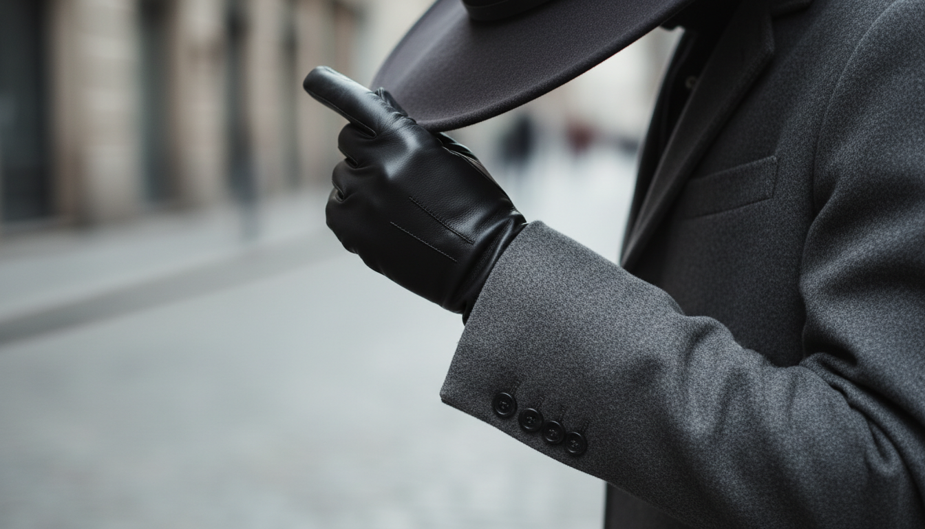 Деталь: Длинные черные кожаные перчатки, выглядывающие из-под рукава пальто, и край фетровой шляпы.