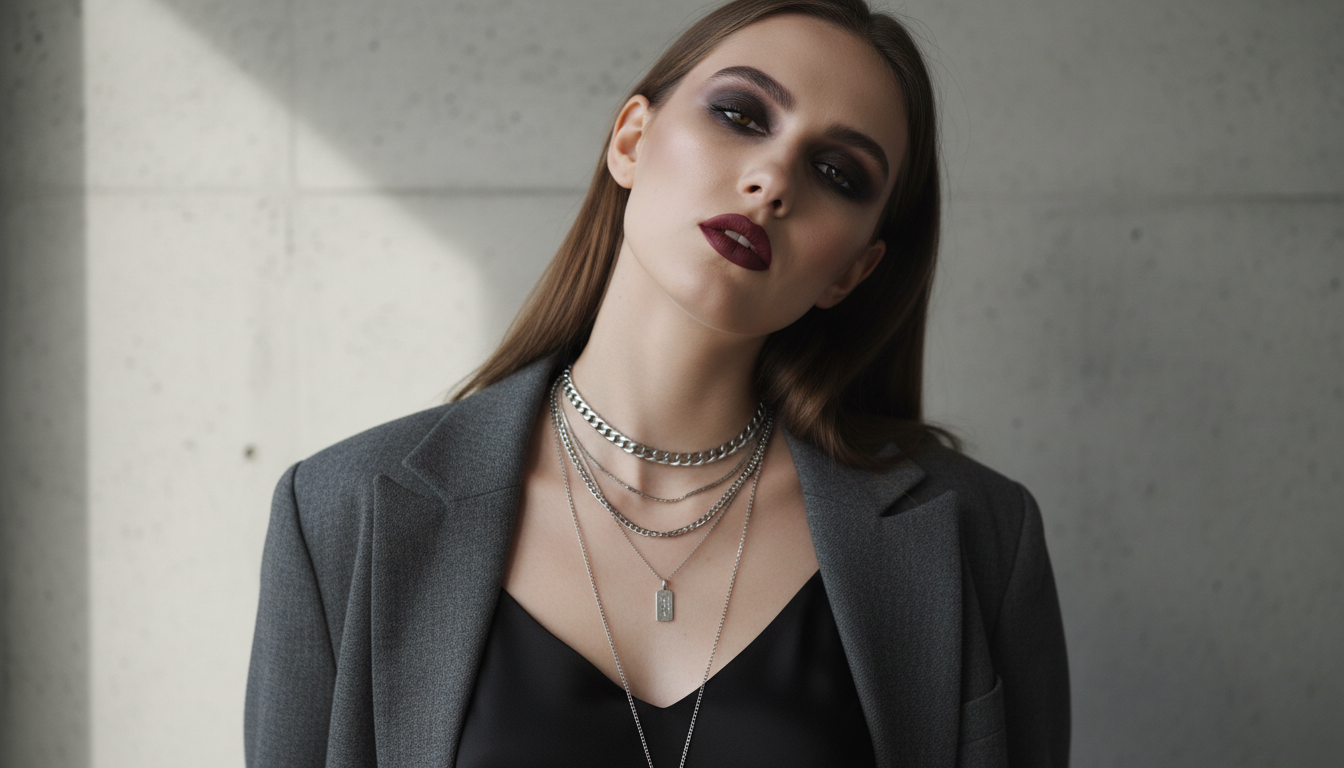 Девушка с макияжем в стиле гранж: небрежные smoky eyes и темно-бордовые матовые губы, демонстрирующая аксессуары – серебряные многослойные цепи.