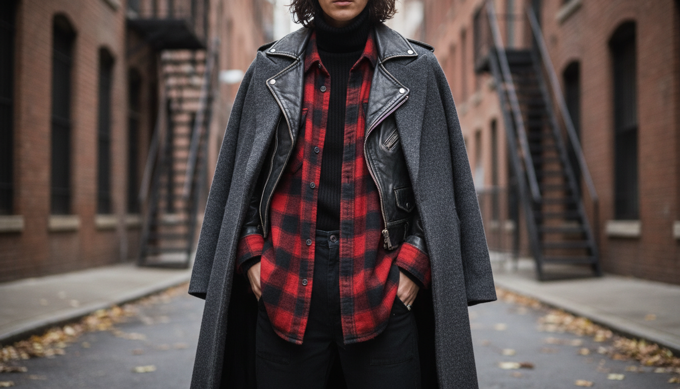 Пример многослойного гранж-образа с видимыми слоями: водолазка, клетчатая рубашка, кожаная косуха и длинное пальто.