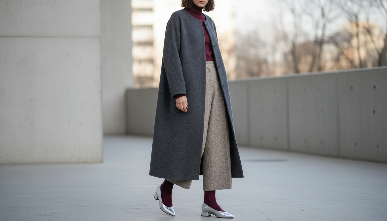 Девушка в длинном сером пальто, из-под которого видны широкие шерстяные брюки. На ногах - блестящие серебряные туфли на небольшом каблуке, надетые на плотные бордовые гольфы.
