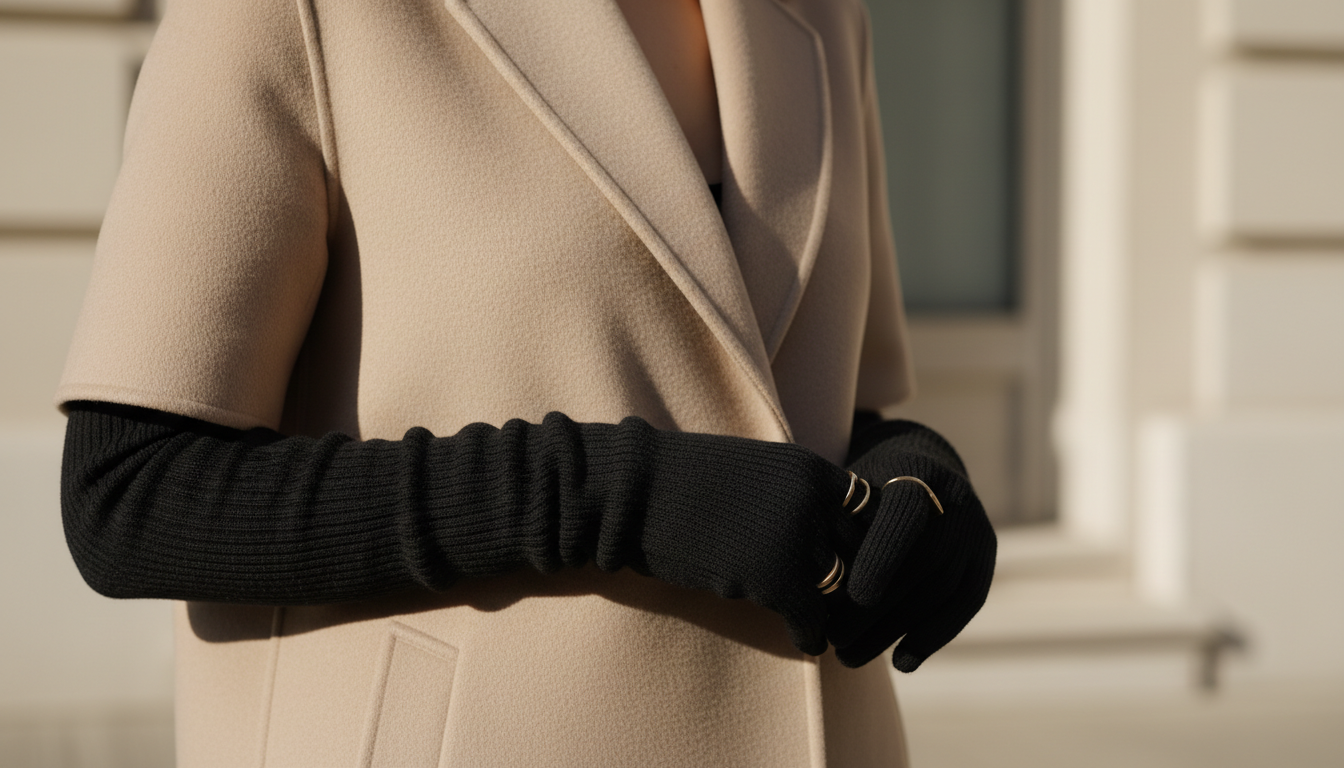 Стилизованный образ, где короткий рукав бежевого пальто открывает длинные черные трикотажные перчатки.