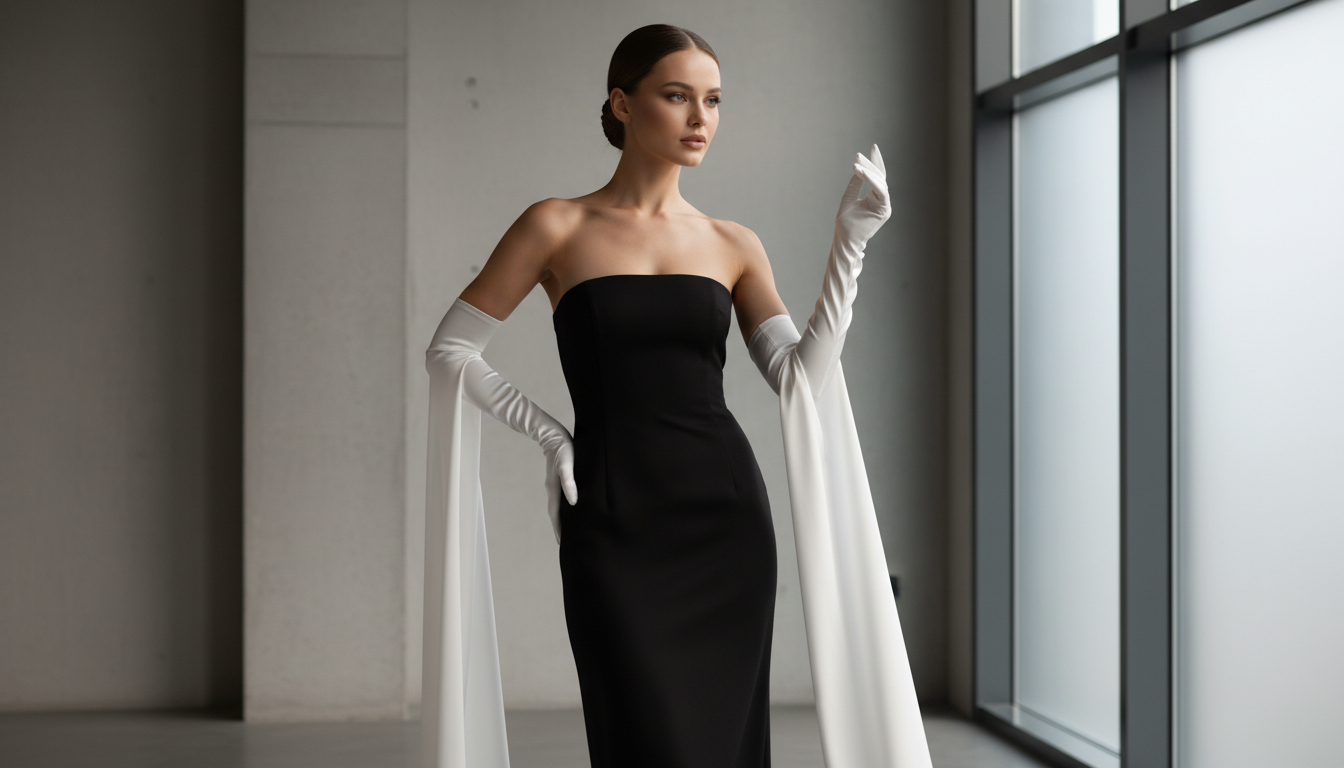 Модель в черном платье-бандо, дополненном длинными белыми атласными оперными перчатками.