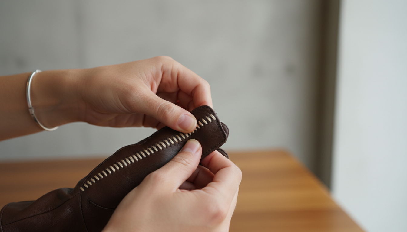 Крупный план рук, демонстрирующий, как должен выглядеть качественный ручной шов на кожаной перчатке.