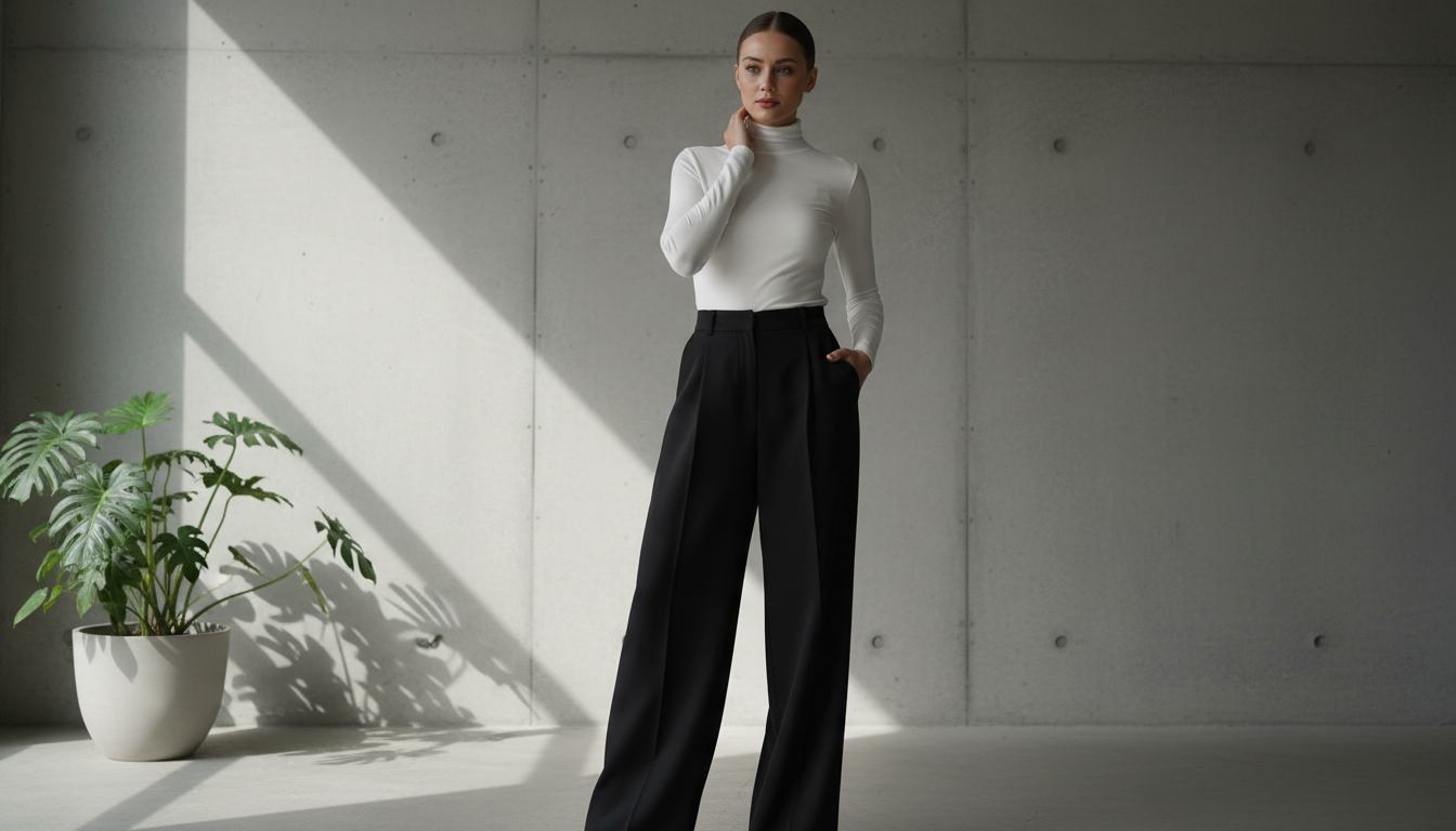 Стилизованный образ: девушка в черных ультра-широких брюках с высокой талией и тонкой белой водолазке, полностью заправленной внутрь.