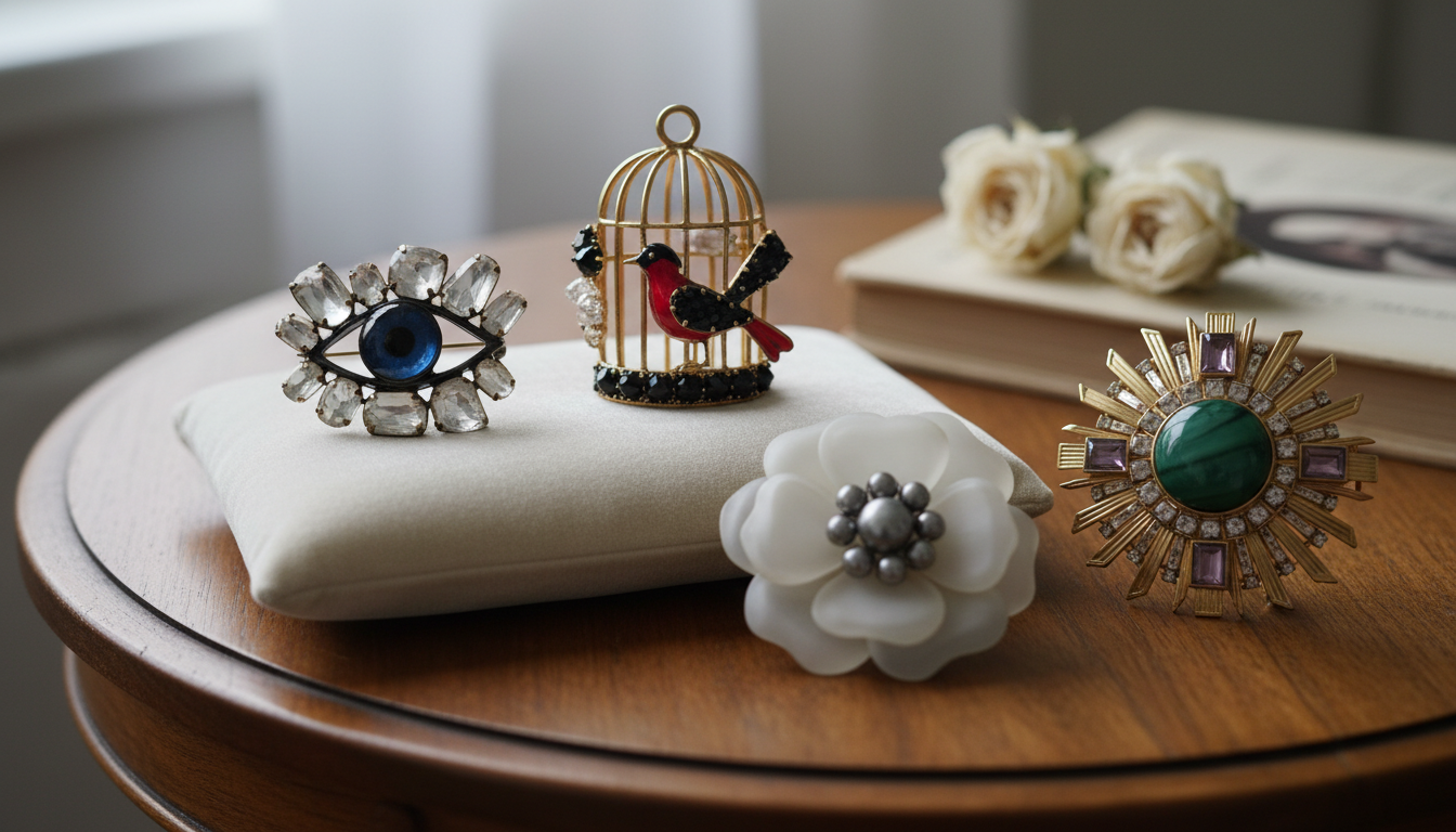 Винтажные броши от Schiaparelli и Chanel, демонстрирующие мастерство работы с недрагоценными камнями и смолой.