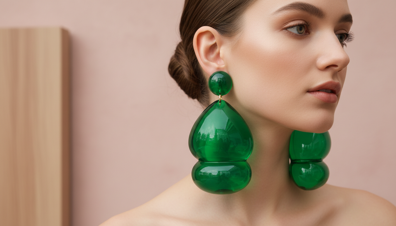 Крупные серьги-капли из ярко-зеленой полимерной смолы, отражающие тренд на гипертрофированный объем.