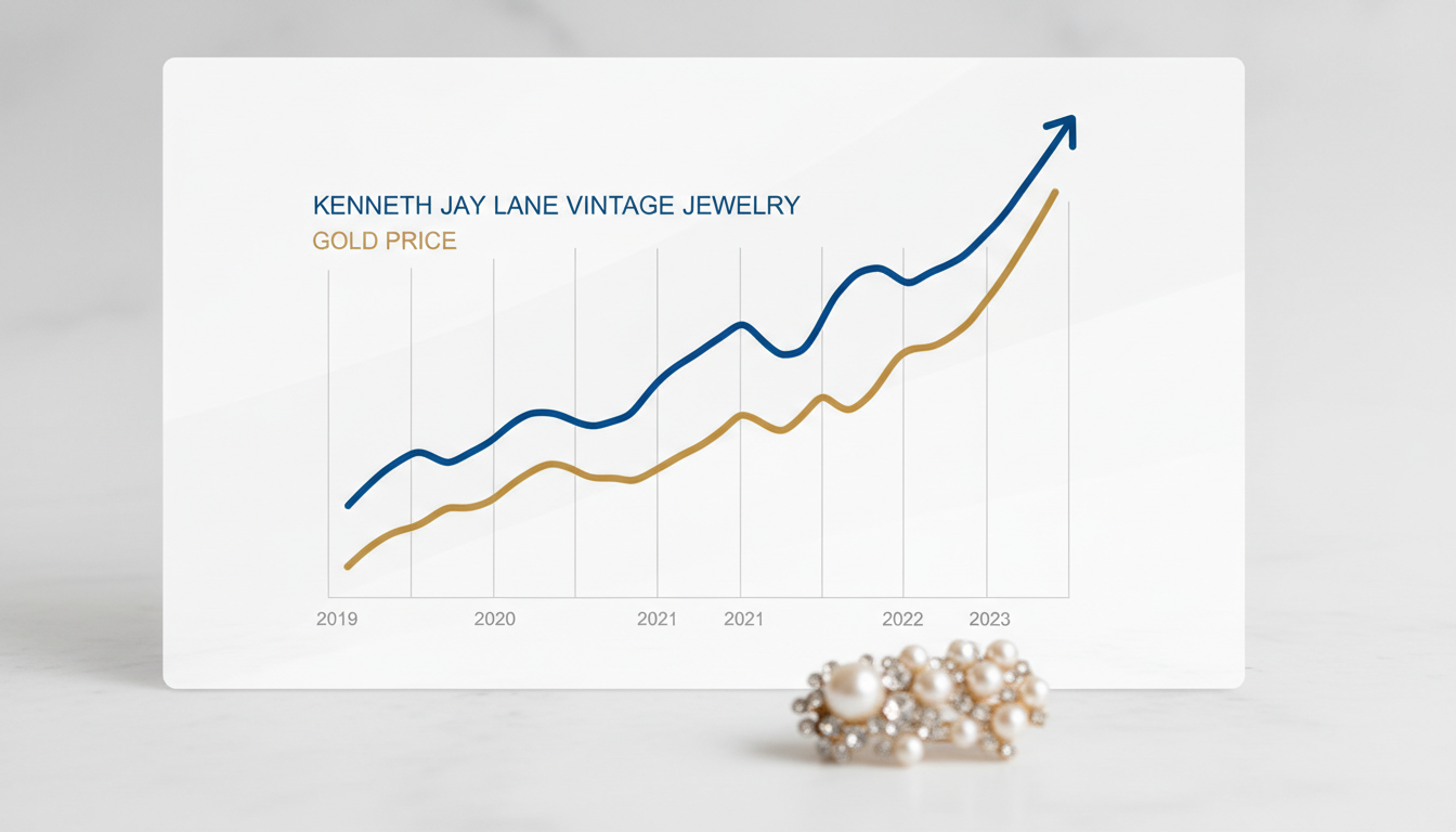 Скриншот или стилизованный график, показывающий рост цен на винтажные украшения Kenneth Jay Lane за последние 5 лет по сравнению с золотом.