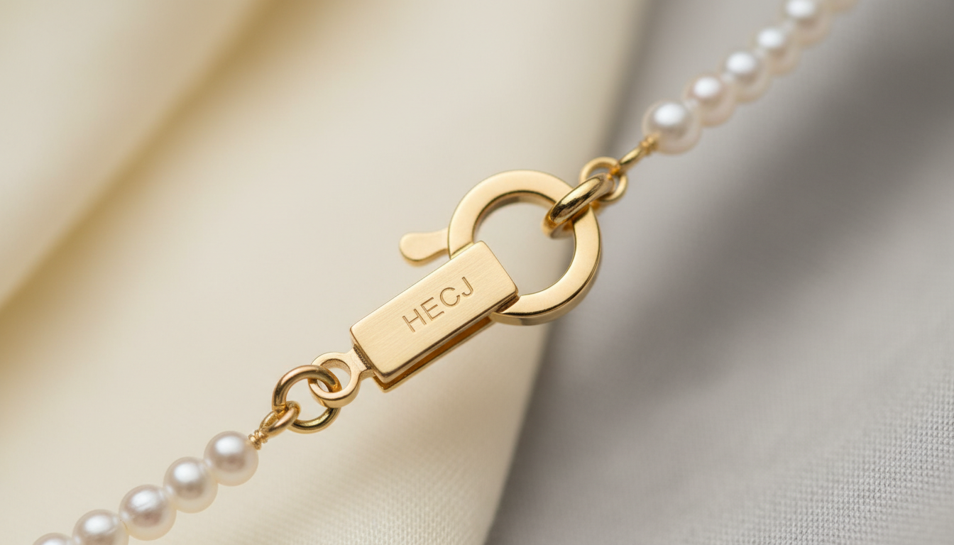 Детальный макроснимок застежки на колье HECJ с четко видимым клеймом бренда.