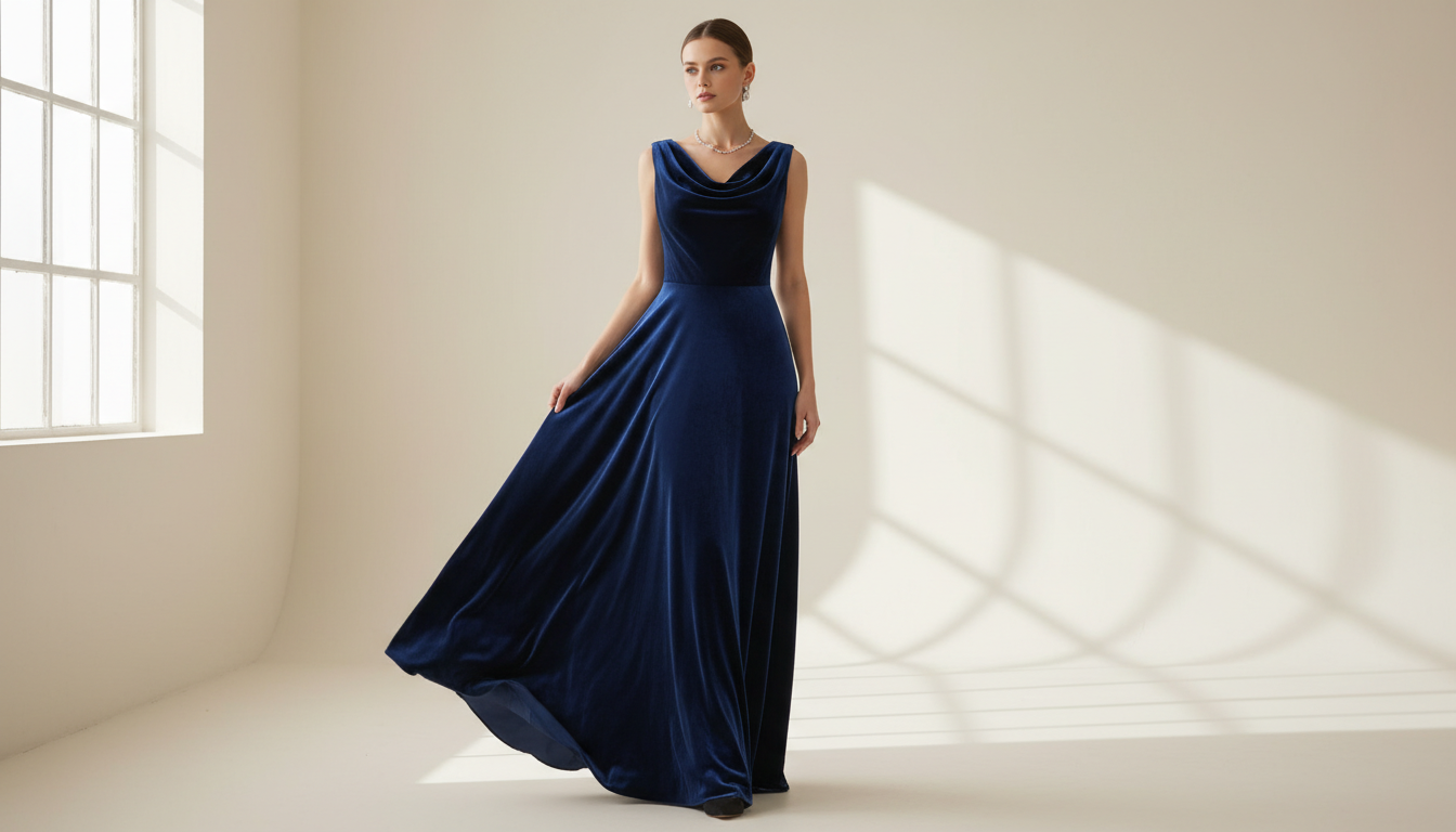 Вечернее платье в пол из темно-синего бархата с асимметричным воротником-качели, создающим драматический эффект.