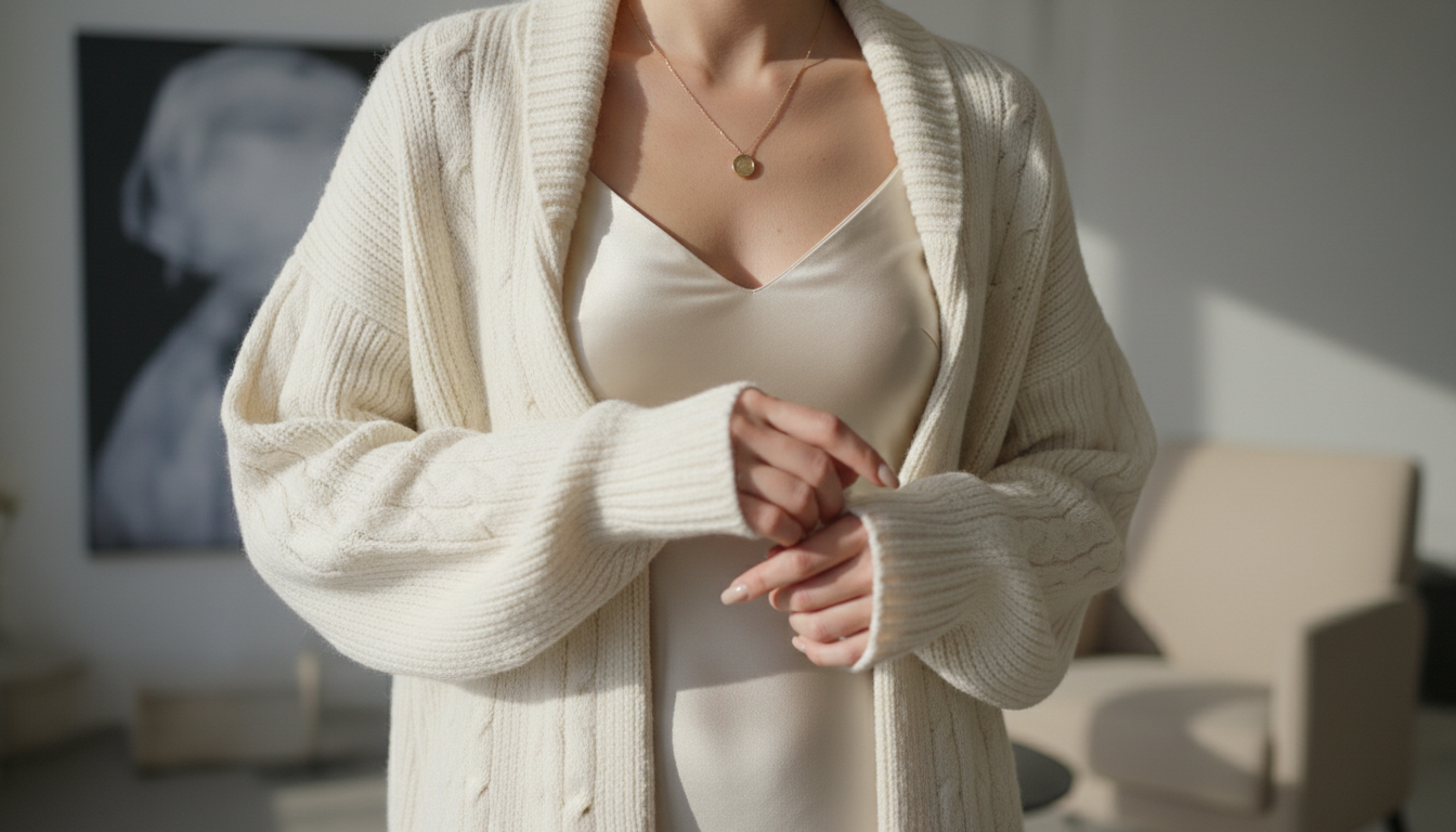 Детали крупным планом: атласная комбинация, выглядывающая из-под объемного шерстяного свитера