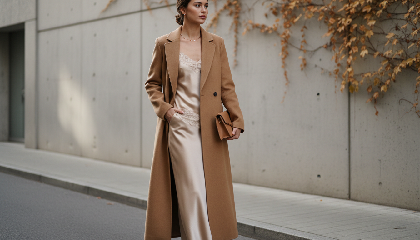 Завершающий образ: модель в длинном пальто-макси, под которым виден намек на шелковое белье, демонстрируя «скрытую» сексуальность