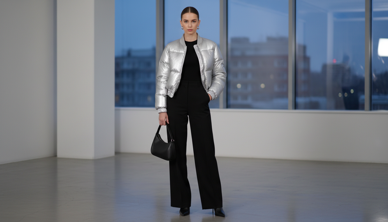 Девушка в объемном серебряном бомбере, надетом поверх полностью черного ансамбля.