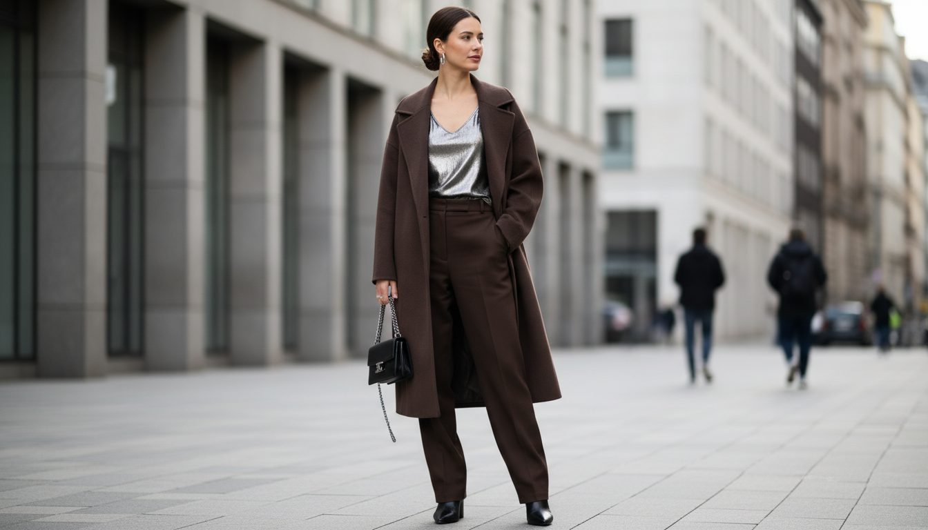 Образ, демонстрирующий сочетание серебряного топа, надетого под оверсайз-пальто цвета шоколадно-коричневого.