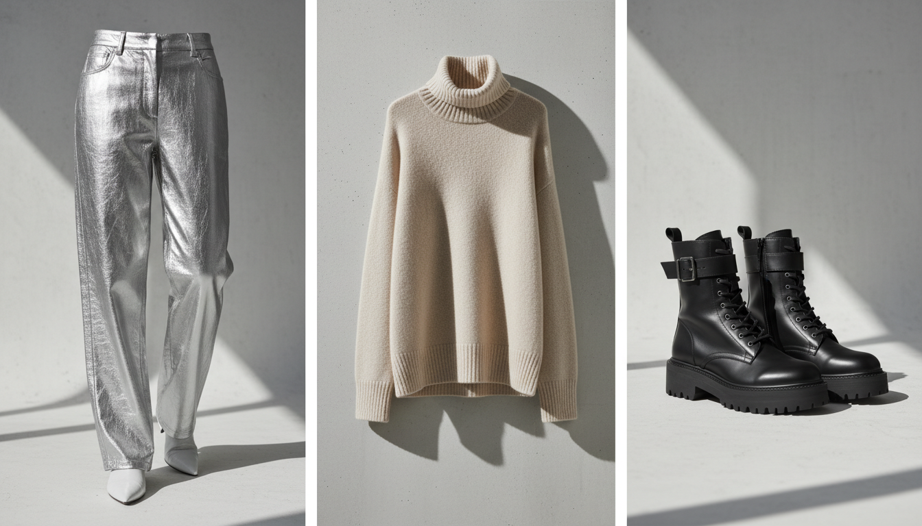 Коллаж из трех элементов: серебряные брюки, кашемировый свитер и массивные ботинки для демонстрации формулы.
