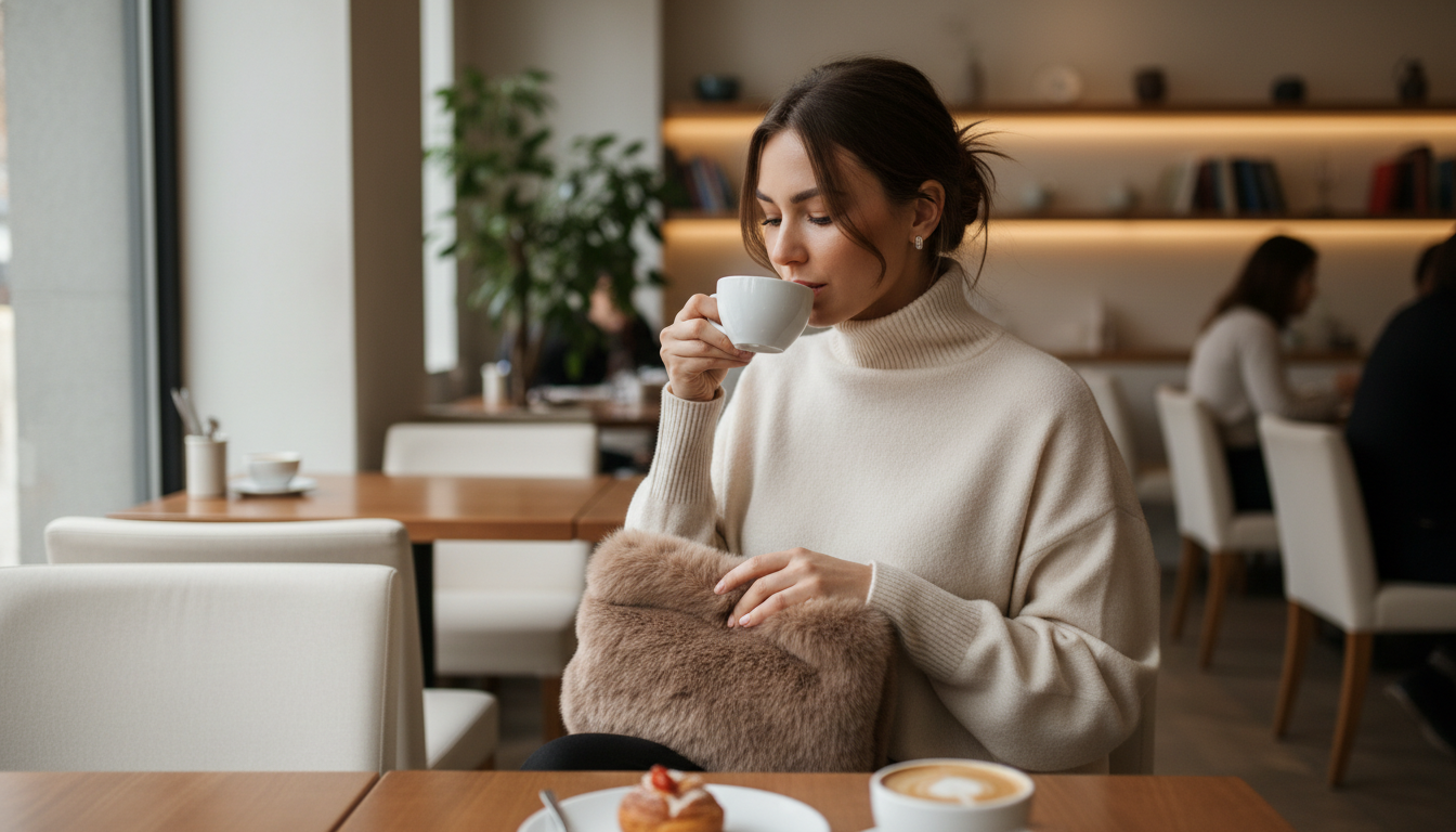 Девушка в уютном кашемировом свитере и с пушистой сумкой-клатчем цвета мокко, сидящая в кафе