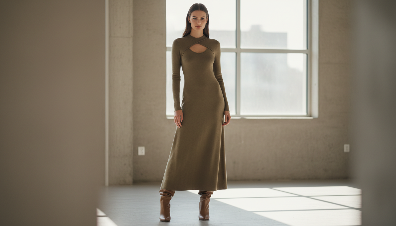 Модель в длинном трикотажном платье цвета хаки с вырезом «кейхол» и сапогами-трубами, создающая минималистичный и строгий образ.