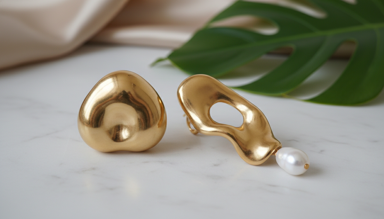 Крупные золотые серьги-капли, имеющие асимметричную, органическую форму.