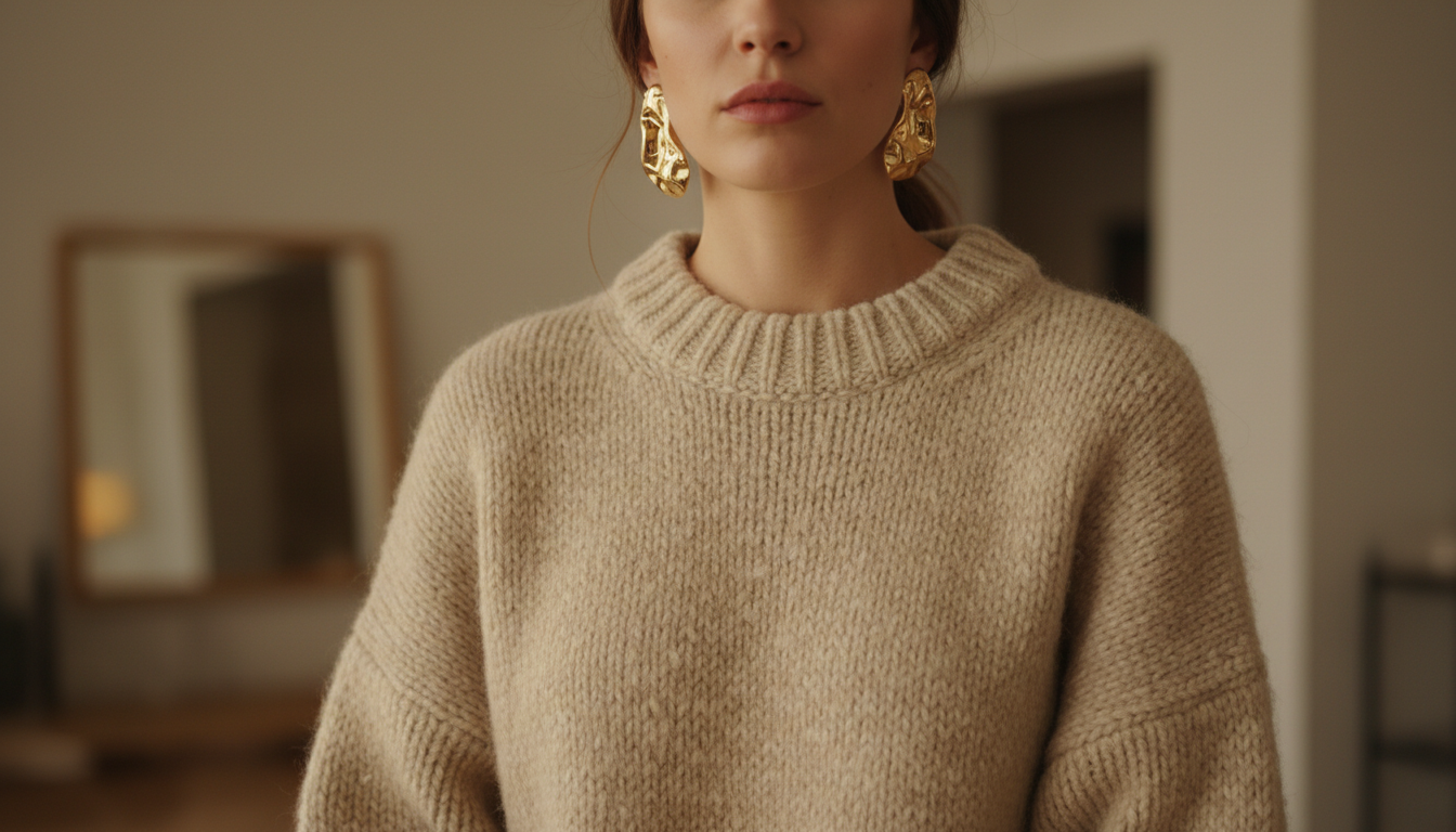 Женщина в бежевом объемном свитере крупной вязки с золотыми скульптурными серьгами, имитирующими мятый металл.