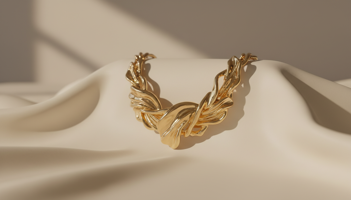 Крупный план золотого скульптурного колье, вдохновленного органическими формами.