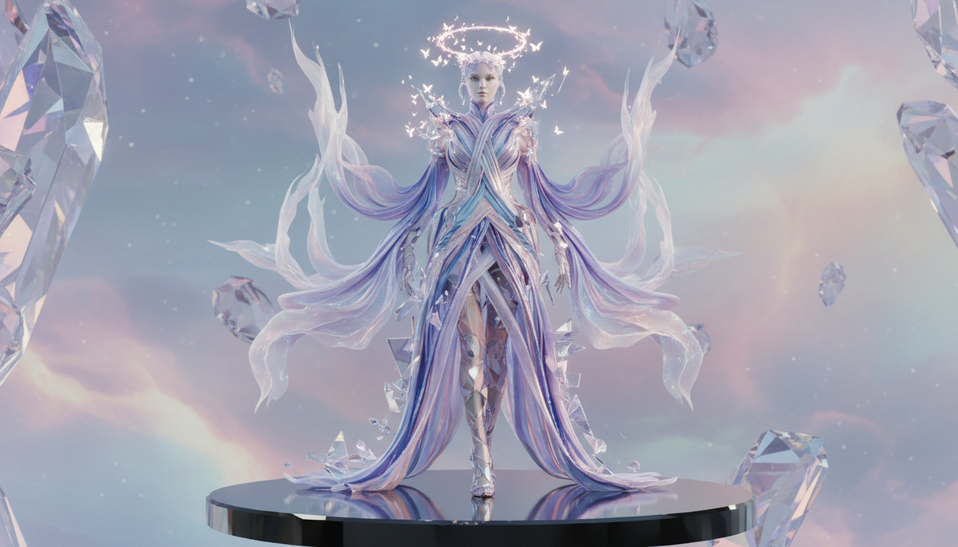 Аватар в метавселенной демонстрирует сюрреалистичный, невозможный в физическом мире, цифровой наряд.